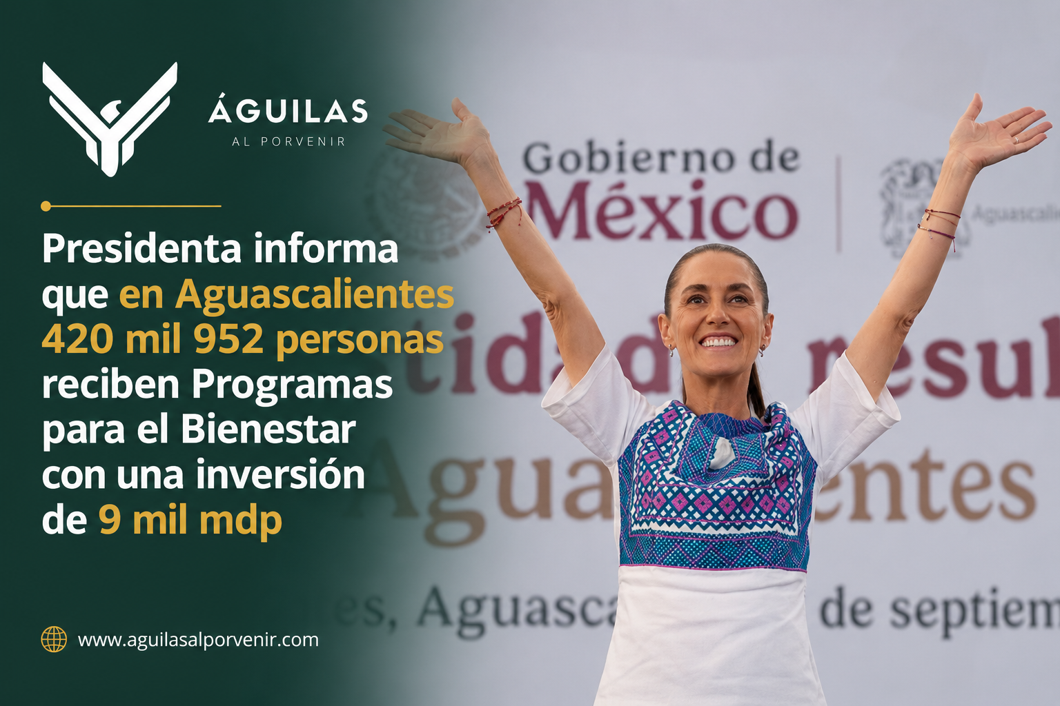 Presidenta informa que en Aguascalientes 420 mil 952 personas reciben Programas para el Bienestar con una inversión de 9 mil mdp