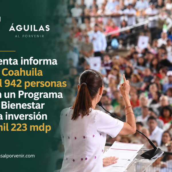 Presidenta informa que en Coahuila 884 mil 942 personas reciben un Programa para el Bienestar con una inversión de 19 mil 223 mdp
